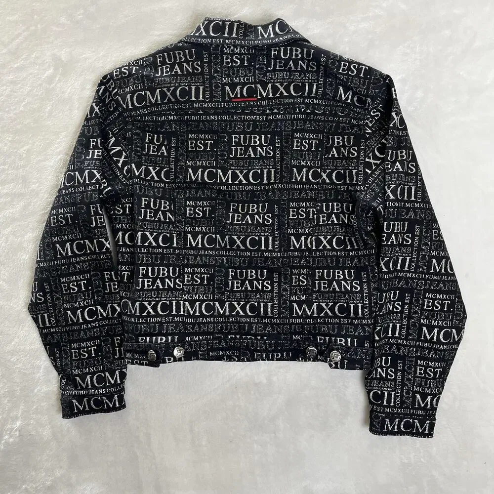 Vintage FUBU Jacket Kids Large Black Denim Bomber All Over Print Hip Hop Y2K
